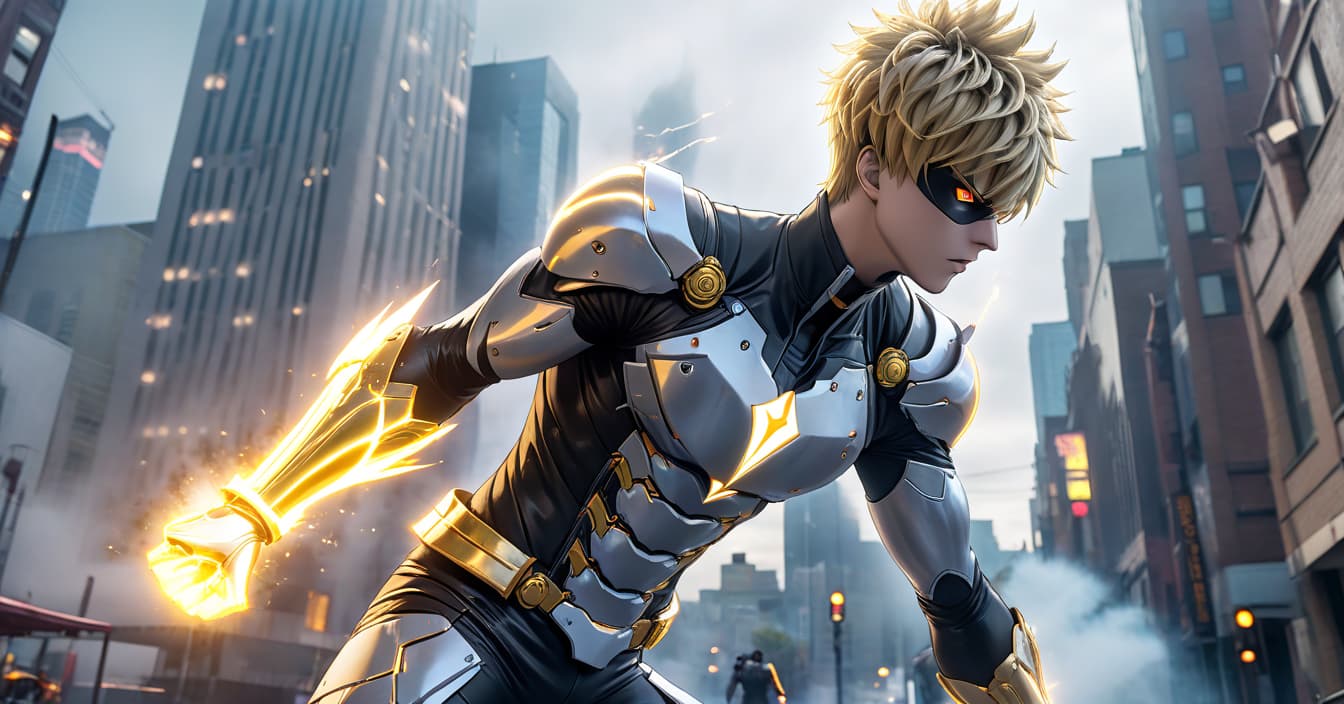  Genos fights in the city. full body. 2D. Anime hyperrealistic, full body, detailed clothing, highly detailed, cinematic lighting, stunningly beautiful, intricate, sharp focus, f/1. 8, 85mm, (centered image composition), (professionally color graded), ((bright soft diffused light)), volumetric fog, trending on instagram, trending on tumblr, HDR 4K, 8K