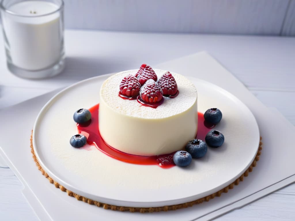  A closeup, ultradetailed image of a perfectly set Panna Cotta with a glossy finish, topped with a vibrant and fresh raspberry coulis drizzle. The dessert is presented on a sleek, white, minimalistic plate, emphasizing the creamy texture of the Panna Cotta and the rich, deep color of the raspberry coulis. The lighting is soft yet highlights the delicious details of the dessert, making it visually appealing and mouthwatering. hyperrealistic, full body, detailed clothing, highly detailed, cinematic lighting, stunningly beautiful, intricate, sharp focus, f/1. 8, 85mm, (centered image composition), (professionally color graded), ((bright soft diffused light)), volumetric fog, trending on instagram, trending on tumblr, HDR 4K, 8K