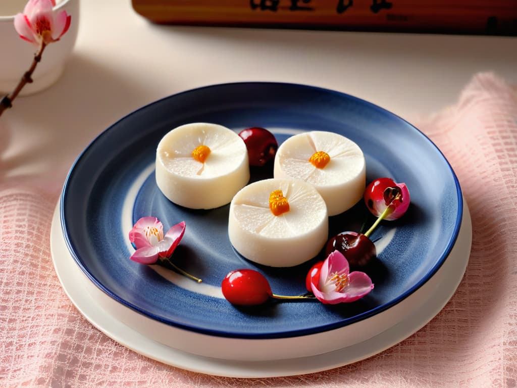  A serene and minimalist image of a handcrafted mochi delicately placed on a traditional Japanese ceramic plate, surrounded by fresh cherry blossoms in full bloom. The mochi is perfectly shaped, showcasing a smooth and glossy surface, while the cherry blossoms add a touch of elegance and cultural significance to the composition. The soft natural lighting highlights the textures and colors, creating a peaceful and harmonious visual that captures the essence of the traditional art of mochimaking. hyperrealistic, full body, detailed clothing, highly detailed, cinematic lighting, stunningly beautiful, intricate, sharp focus, f/1. 8, 85mm, (centered image composition), (professionally color graded), ((bright soft diffused light)), volumetric fog, trending on instagram, trending on tumblr, HDR 4K, 8K