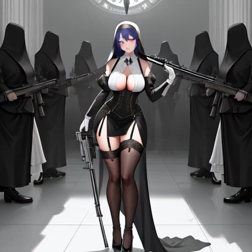  Sexy female nuns , holding machine guns , masterpiece, highly detailed, 4k , showing some bare, garter belts made of bullets , realistic, crucifix around necks, perfect, no malformation, beautiful hyperrealistic, full body, detailed clothing, highly detailed, cinematic lighting, stunningly beautiful, intricate, sharp focus, f/1. 8, 85mm, (centered image composition), (professionally color graded), ((bright soft diffused light)), volumetric fog, trending on instagram, trending on tumblr, HDR 4K, 8K