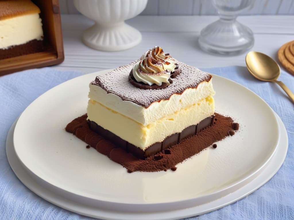  An ultradetailed image of a slice of tiramisú on a delicate porcelain plate, dusted with cocoa powder and garnished with a perfect swirl of whipped cream. The layers of coffeesoaked ladyfingers and creamy mascarpone cheese are visible, creating a mouthwatering visual feast. The plate is set on a rustic wooden table, with a vintage silver spoon placed elegantly next to it, inviting the viewer to indulge in the decadent dessert. The lighting is soft and warm, casting gentle shadows that enhance the textures and colors of the tiramisú. hyperrealistic, full body, detailed clothing, highly detailed, cinematic lighting, stunningly beautiful, intricate, sharp focus, f/1. 8, 85mm, (centered image composition), (professionally color graded), ((bright soft diffused light)), volumetric fog, trending on instagram, trending on tumblr, HDR 4K, 8K