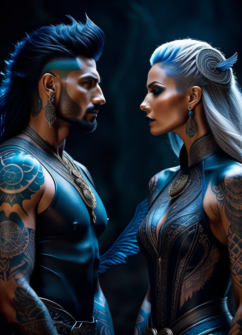  cinematic photo Paint an image of two fantasy creatures standing close to each other with their foreheads touching. Their skin is decorated with highly detailed tattoos or patterns, accentuated by contrasts and hues, giving them a three dimensional appearance. Their hair is styled in such a way that the flow of privilege disappears into a background that has a similar textural quality, creating an overall connective and mystical atmosphere. The characters appear supernatural or fantastical due to their stylized appearance. Dark color, dark silver and blue black color. 3d, 64k, hight quality, realism, photography style . 35mm photograph, film, bokeh, professional, 4k, highly detailed hyperrealistic, full body, detailed clothing, highly detailed, cinematic lighting, stunningly beautiful, intricate, sharp focus, f/1. 8, 85mm, (centered image composition), (professionally color graded), ((bright soft diffused light)), volumetric fog, trending on instagram, trending on tumblr, HDR 4K, 8K