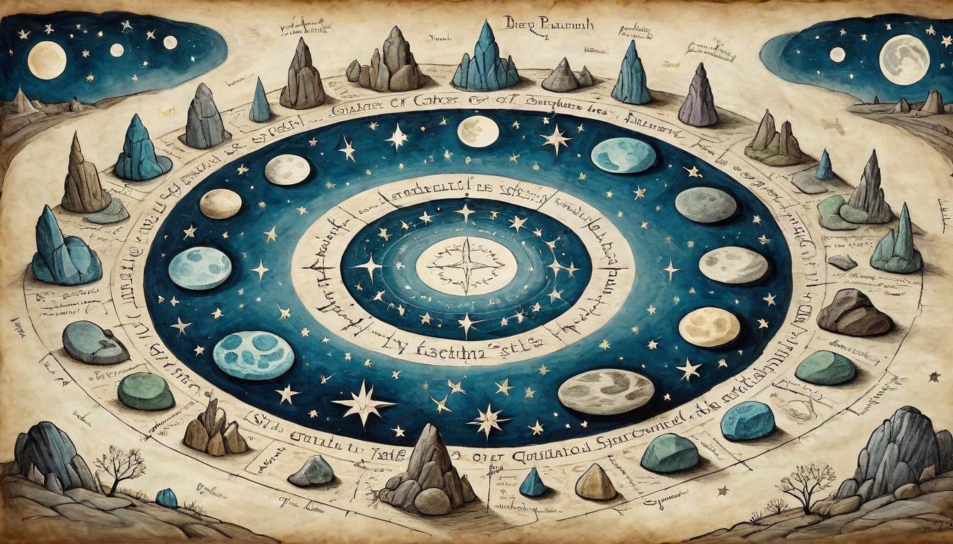  on parchment, surrealism+++, A circle of stones, each carved with guiding stars, encloses a gathering under the moon, shared spiritual paths, resonant energies(mysterious, provocative, symbolic,muted color)+++