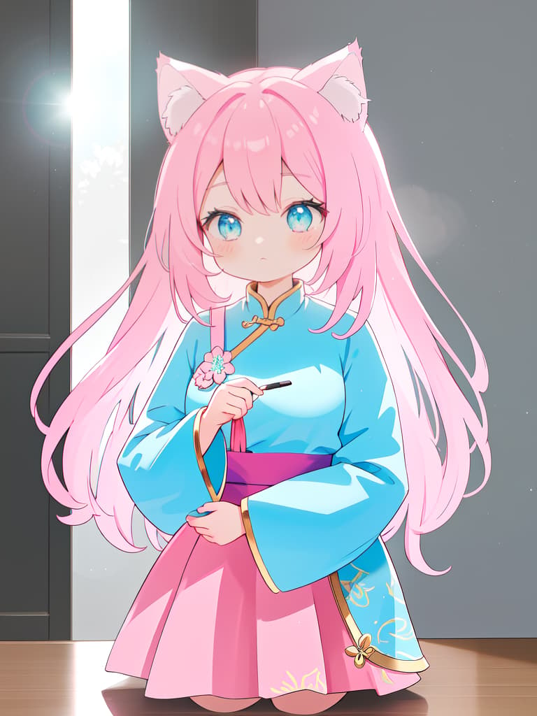  Cat ears, pink hair, china clothing, eye color blue, alone, bob hair, cute, face up, masterpiece, best quality,8k,ultra detailed,high resolution,an extremely delicate and beautiful,hyper detail hyperrealistic, full body, detailed clothing, highly detailed, cinematic lighting, stunningly beautiful, intricate, sharp focus, f/1. 8, 85mm, (centered image composition), (professionally color graded), ((bright soft diffused light)), volumetric fog, trending on instagram, trending on tumblr, HDR 4K, 8K