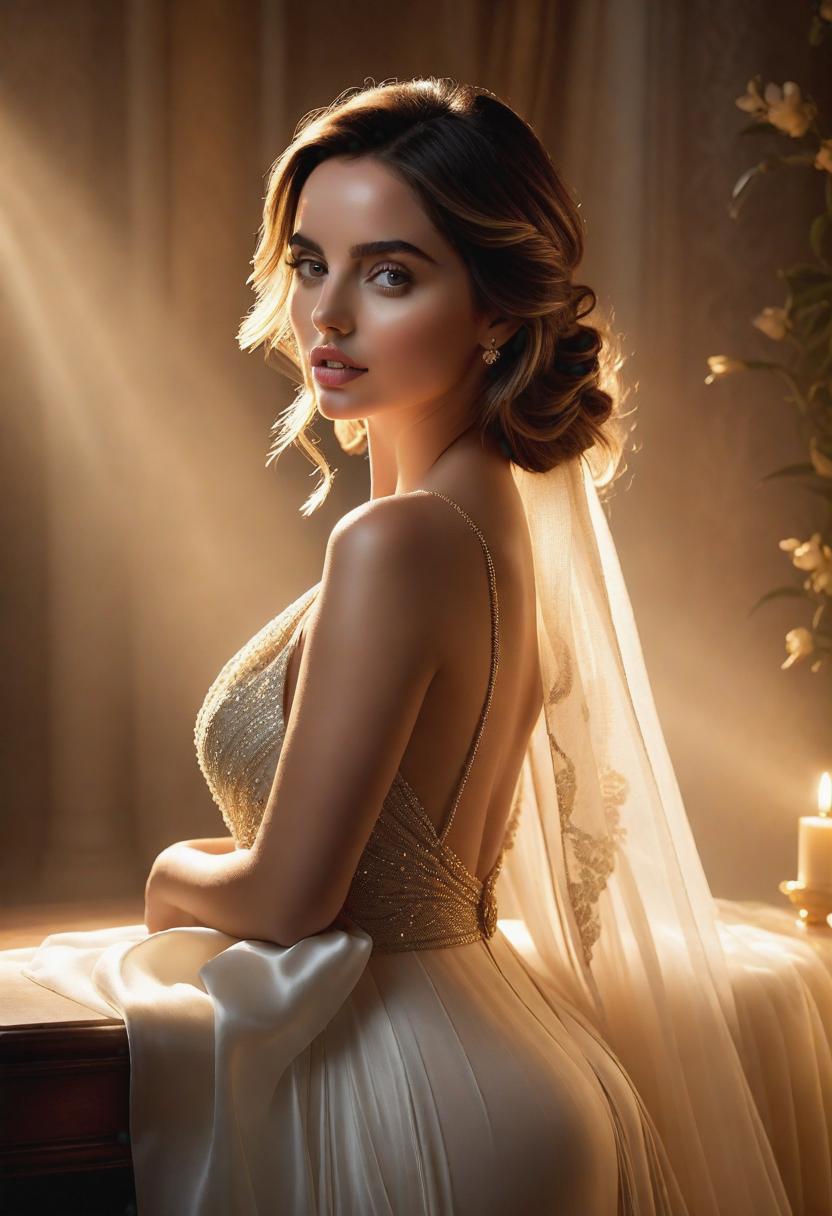  1. Ana De Armas, confidently posing in a dimly lit room with smoky ambiance, her porcelain skin illuminated by warm, golden highlights, adding a touch of ethereal beauty to the scene. 

2. Ana De Armas, captured in a naturalistic setting, sunlight gently caressing her face, creating a soft chiaroscuro effect, emphasizing her striking features and evoking a sense of timeless elegance. 

3. Ana De Armas, portrayed in a vibrant urban landscape at sunset, the city lights reflecting on her flawless complexion, surrounded by a dynamic atmosphere that encapsulates both grace and modern sophistication. hyperrealistic, full body, detailed clothing, highly detailed, cinematic lighting, stunningly beautiful, intricate, sharp focus, f/1. 8, 85mm, (centered image composition), (professionally color graded), ((bright soft diffused light)), volumetric fog, trending on instagram, trending on tumblr, HDR 4K, 8K