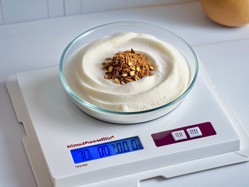  A closeup, ultradetailed image of a sleek, modern digital kitchen scale displaying precise measurements of flour and sugar, with the ingredients perfectly aligned on the scale's surface. The scale is set against a soft, blurred background to emphasize its minimalist design and focus on the accuracy it provides for precise baking measurements. hyperrealistic, full body, detailed clothing, highly detailed, cinematic lighting, stunningly beautiful, intricate, sharp focus, f/1. 8, 85mm, (centered image composition), (professionally color graded), ((bright soft diffused light)), volumetric fog, trending on instagram, trending on tumblr, HDR 4K, 8K