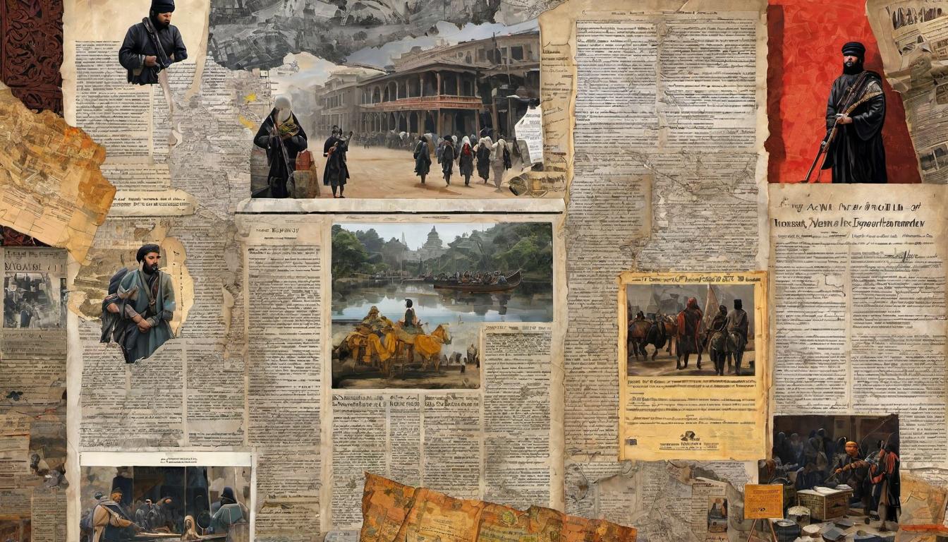  digital painting of A collage of newspaper clippings, maps, and historical artifacts, pinpointing moments of crisis and reflection in the Muslim world. Reflection, historical journey, challenges mirrored, textured, evocative looking at viewer, dynamic pose, (intricate details, masterpiece, best quality)