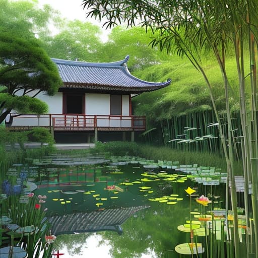  The sun at 11:00 in the morning shines on the wall of the small tile house, next to which there is a broken bamboo forest, and on the right side of the house there is a small pond. Is the pond right? There is a path, and there are weeds beside the path.