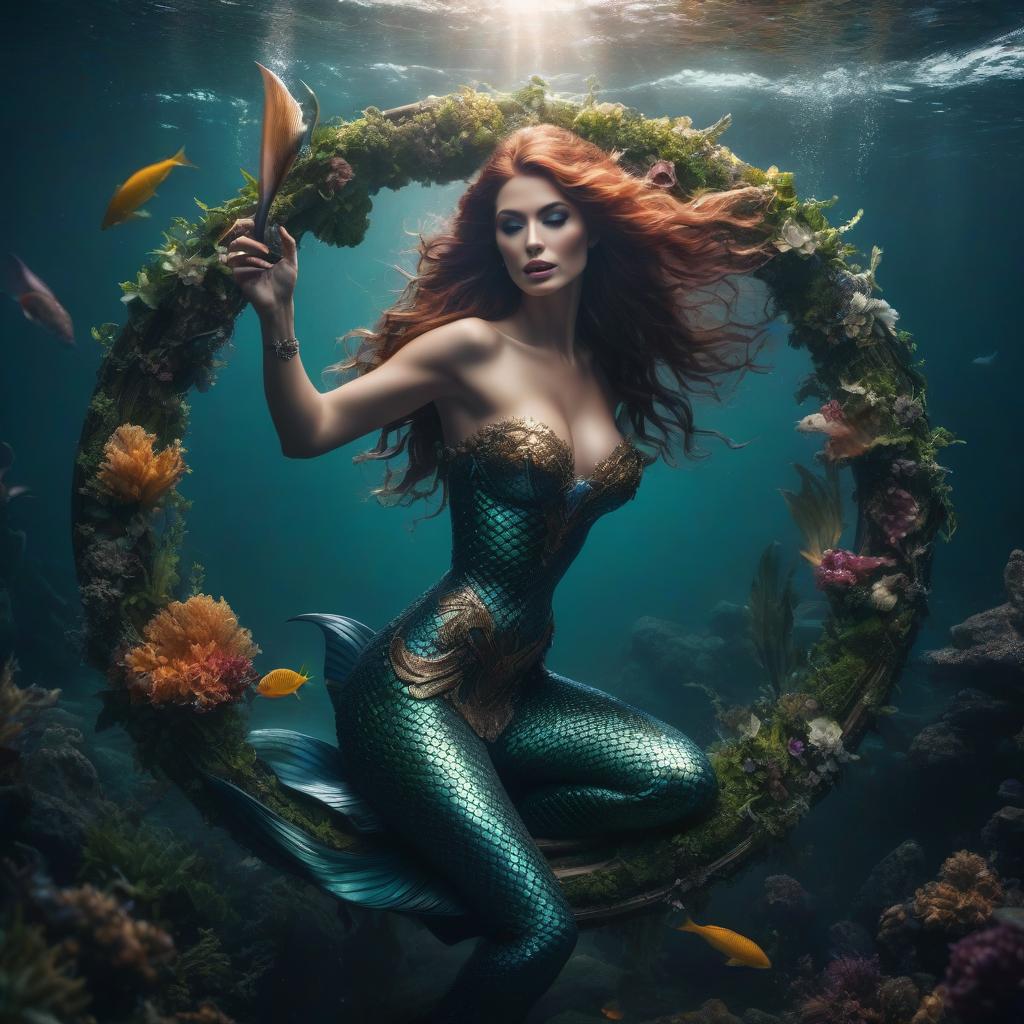  "Album cover, a mermaid in a circle eating herself, dark fantasy" hyperrealistic, full body, detailed clothing, highly detailed, cinematic lighting, stunningly beautiful, intricate, sharp focus, f/1. 8, 85mm, (centered image composition), (professionally color graded), ((bright soft diffused light)), volumetric fog, trending on instagram, trending on tumblr, HDR 4K, 8K