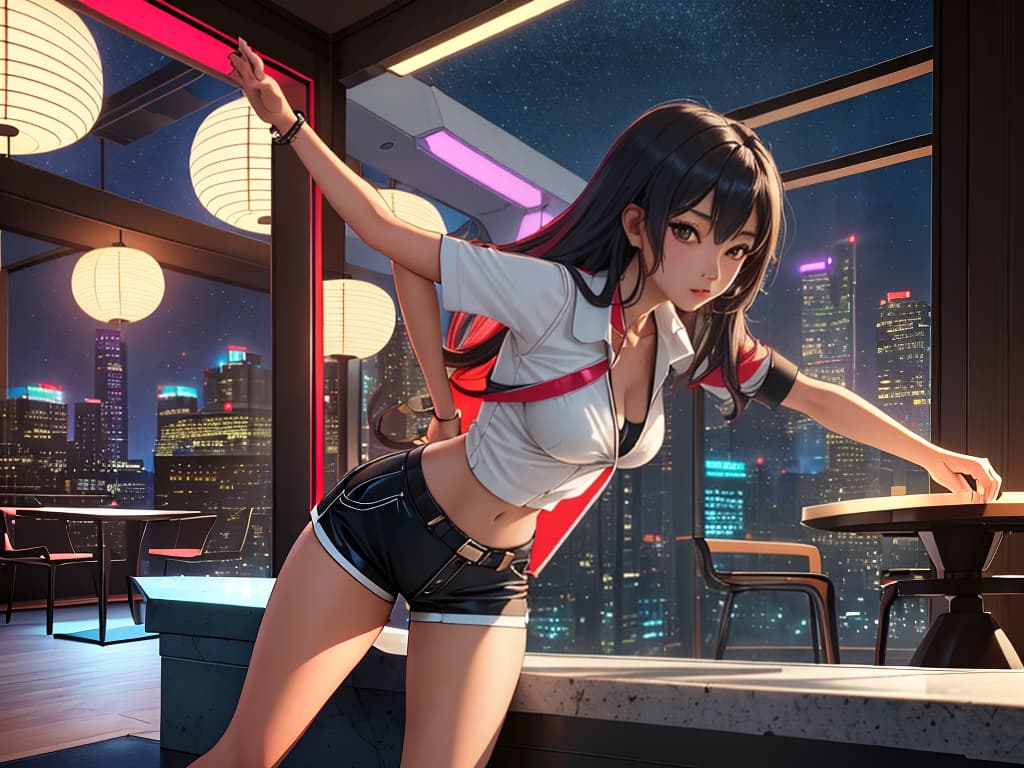  image: masterpiece, high quality, semi realistic anime, (professionally color graded), detailed clothing, highly detailed, cinematic lighting, perfect face, perfect body, 8k, HD, ((one beautiful asian woman)), slim waist, slim build, ((huge firm round s)), normal hips, medium sized round , fit, tanned, long dark neon hair, view: dynamic view, single view , location: sci fi interior love hotel in the city at night, clothing: sci fi lingirie, short shorts, pose: pose