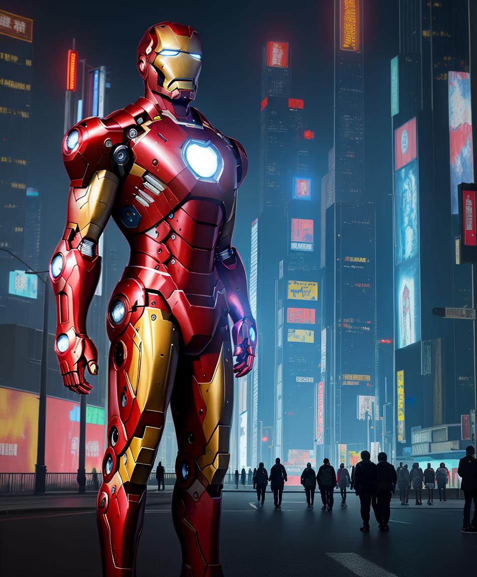  masterpiece, best quality, Best quality, masterpiece, 8k resolution, realistic, highly detailed, close up of Iron Man. In a cyberpunk style night scene of the city, he stands on a street lined with tall buildings. The city's night lights are bright, The surrounding buildings and streets are filled with cyberpunk elements such as neon lights, high tech devices, and futuristic architectural designs.