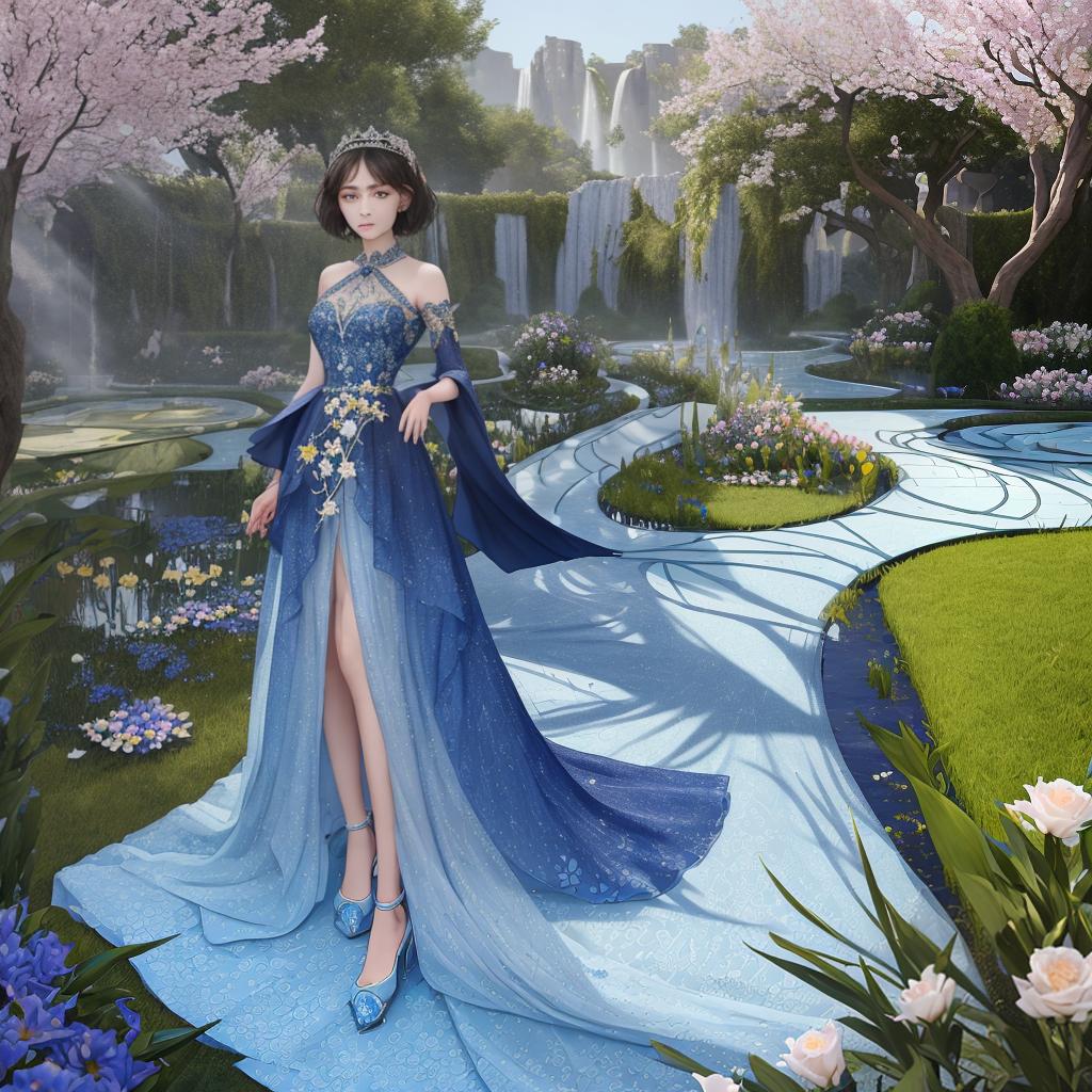  masterpiece, best quality,Create a long dresses with Met gala 2024 theme, The Garden of Time : water and wind and little flowers With color of persian dark blue expressive eyes and short hair with the upper body covered,