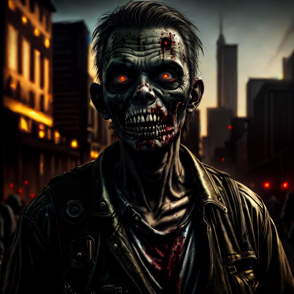  A zombie in post apocalypse city, best quality, masterpiece, RAW Photo, ultrahigh res, highly detailed, sharp focus