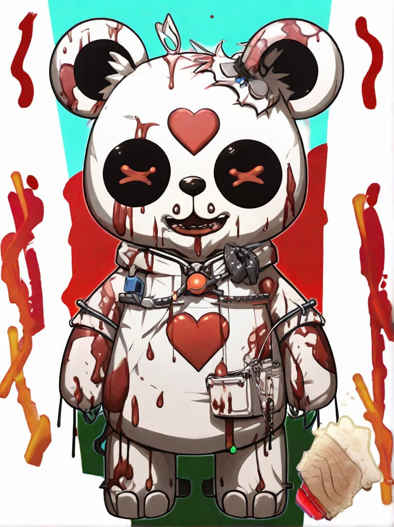  , a cute guilt robot bear, sticker, akira toriyama , white background,murder bear, bloody , dripping blood,bloody trump head on ground<lora:halloween-makeup:0.17710456896061544><lora:illustration-style:0.27377658162686713><lora:rionrtlora:1><lora:margiela-ss24:0.13720579372203812> hyperrealistic, full body, detailed clothing, highly detailed, cinematic lighting, stunningly beautiful, intricate, sharp focus, f/1. 8, 85mm, (centered image composition), (professionally color graded), ((bright soft diffused light)), volumetric fog, trending on instagram, trending on tumblr, HDR 4K, 8K