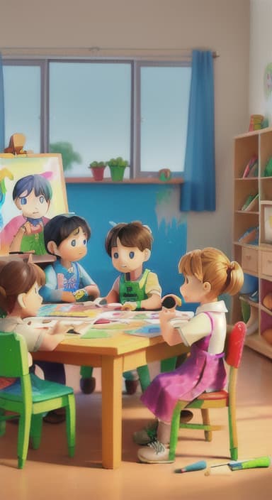  {Children gathered around a table full of paints, brushes, and paper., Kids wearing aprons, concentrating on their painting with bright colors on paper.