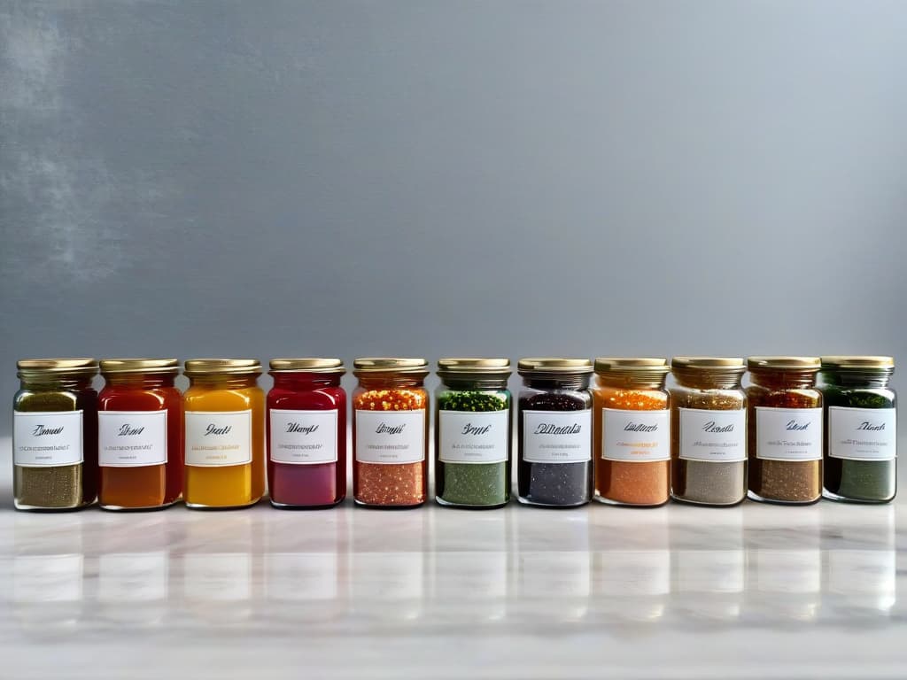  A highresolution, ultradetailed image of a variety of colorful, aromatic salts displayed in small glass jars neatly arranged on a sleek, minimalist white marble countertop with soft, diffused natural lighting casting subtle shadows, highlighting the textures and hues of the salts. Each jar is meticulously labeled in elegant calligraphy with the name of the salt and its unique flavor profile, creating a visually captivating and informative composition that conveys a sense of sophistication and creativity in experimental pastry making. hyperrealistic, full body, detailed clothing, highly detailed, cinematic lighting, stunningly beautiful, intricate, sharp focus, f/1. 8, 85mm, (centered image composition), (professionally color graded), ((bright soft diffused light)), volumetric fog, trending on instagram, trending on tumblr, HDR 4K, 8K