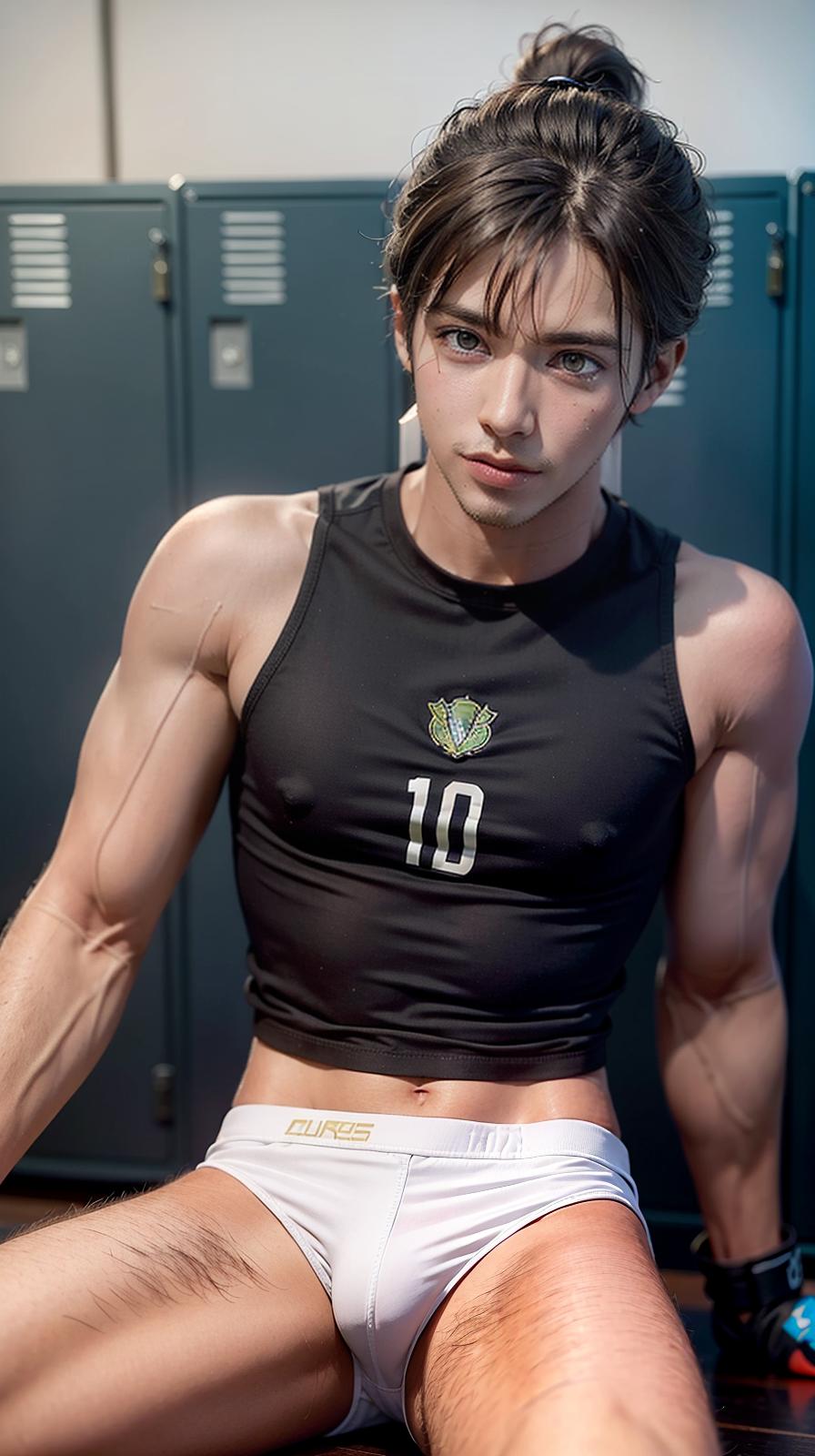  ultra high res, (photorealistic:1.4), raw photo, (realistic face), realistic eyes, (realistic skin), <lora:XXMix9_v20LoRa:0.8>, handsome, (male:3), (young soccer players:1.4), (pompadour:1.2), (white briefs:1.3), (sleeveless:1.2), spike shoes, (soccer shin guards:1.3), young, sitting posture, (spread legs:1.1), real skin, (sexy posing:1.3), hot guy, (muscular:1.3), naked, (bulge:1.1), trained calves, thigh, realistic, lifelike, high quality, photos taken with a single-lens reflex camera, (looking at the camera:1.2), (locker room:1.1)