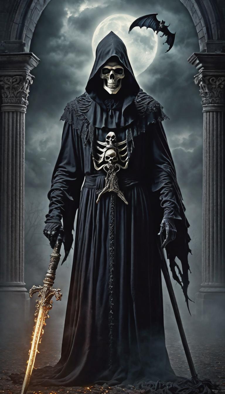  gothic style depiction of a grim reaper. Dark, mysterious, scary, haunting, dramatic, ornate, detailed. . dark, mysterious, haunting, dramatic, ornate, detailed, hyperrealistic, full body, detailed clothing, highly detailed, cinematic lighting, stunningly beautiful, intricate, sharp focus, f/1. 8, 85mm, (centered image composition), (professionally color graded), ((bright soft diffused light)), volumetric fog, trending on instagram, trending on tumblr, HDR 4K, 8K