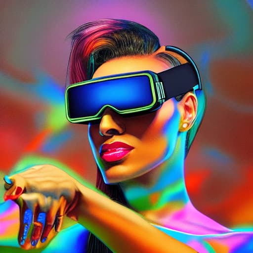  A girl wearing VR glasses in a dark environment. Apply the Following Styles Toyism hyperrealistic, full body, detailed clothing, highly detailed, cinematic lighting, stunningly beautiful, intricate, sharp focus, f/1. 8, 85mm, (centered image composition), (professionally color graded), ((bright soft diffused light)), volumetric fog, trending on instagram, trending on tumblr, HDR 4K, 8K