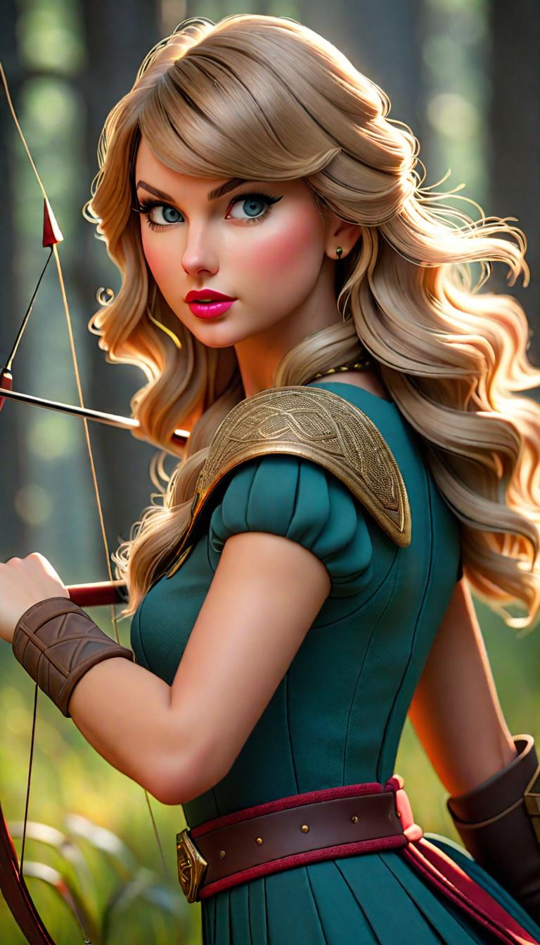  Professional 3D model of Taylor Swift as an archer . Rendered with Octane, the model is highly detailed,dramatic lighting. hyperrealistic, full body, detailed clothing, highly detailed, cinematic lighting, stunningly beautiful, intricate, sharp focus, f/1. 8, 85mm, (centered image composition), (professionally color graded), ((bright soft diffused light)), volumetric fog, trending on instagram, trending on tumblr, HDR 4K, 8K