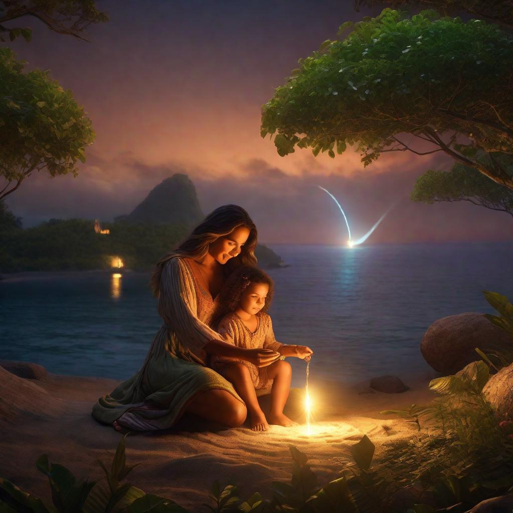  "A joyous mother and child on an island, preparing to make a wish upon a glowing stone they discovered, facing a mysterious challenge."((masterpiece)), best quality, very detailed, high resolution, sharp, sharp image, extremely detailed, 4k, 8k, fairytale hyperrealistic, full body, detailed clothing, highly detailed, cinematic lighting, stunningly beautiful, intricate, sharp focus, f/1. 8, 85mm, (centered image composition), (professionally color graded), ((bright soft diffused light)), volumetric fog, trending on instagram, trending on tumblr, HDR 4K, 8K