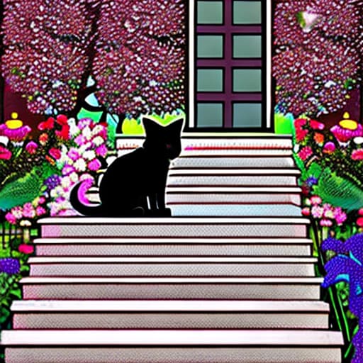  Black cat is standing on a staircase in a garden with flowers and a house