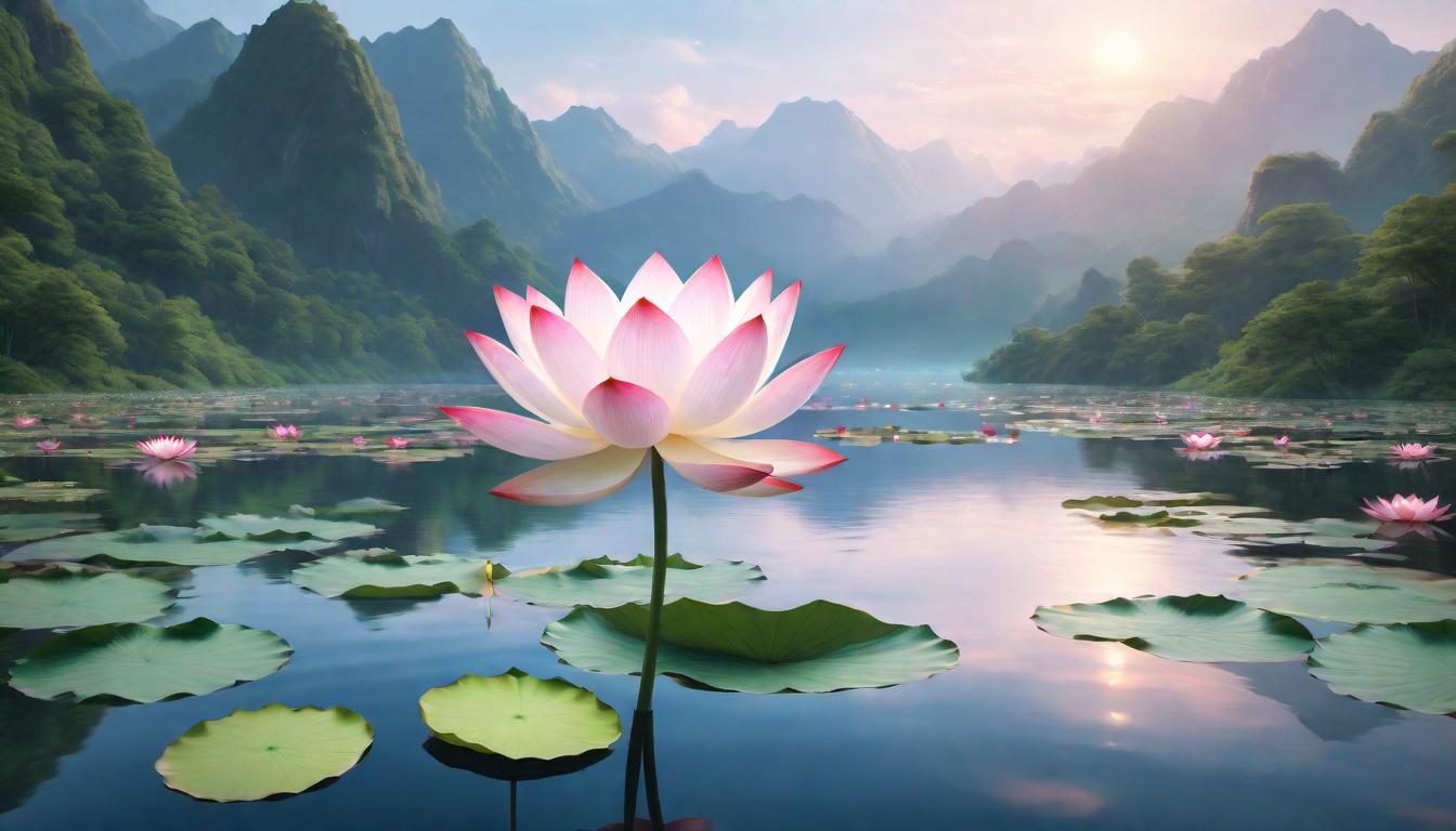  digital illustration A giant lotus bloom in the midst of a calm lake, petals opening to reveal a glowing core, collective consciousness awakening, unity, serene transformation looking at viewer, dynamic pose, (intricate details, masterpiece, best quality)