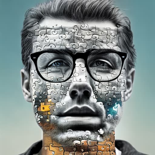 dublex style A4 paper, b&w, man wearing glasses, nature built from medium sized puzzle pieces