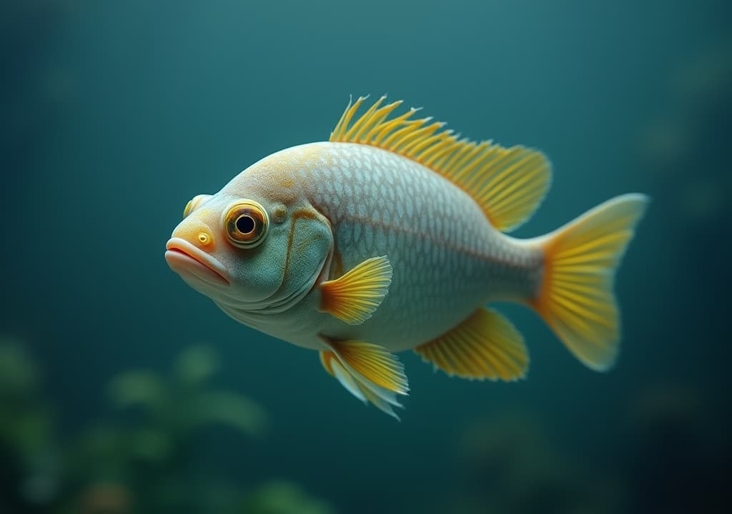  good quality, high quality, a fish with a yellow spot on its head is swimming in the water.