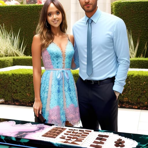  Beautiful Jessica Alba and boyfriend looking down (lace multi colored pastel designer dress, men’s blue business suit)(dark shadowed lighting)(Superrealism)(Foreground: open small box of fine dark chocolates on a reflective marble serving table) Background lush garden with fountain.