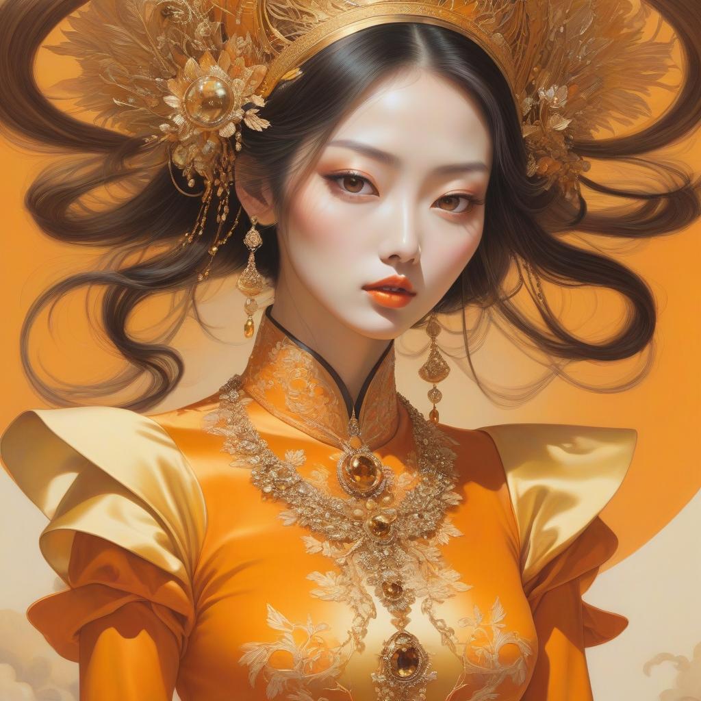  surrealist art A cartoon in an orange costume with gold jewelry, in the style of miho hirano, light yellow and dark brown, close up, traditional costumes, like simplicity, comic art, tondo . dreamlike, mysterious, , symbolic, intricate, detailed hyperrealistic, full body, detailed clothing, highly detailed, cinematic lighting, stunningly beautiful, intricate, sharp focus, f/1. 8, 85mm, (centered image composition), (professionally color graded), ((bright soft diffused light)), volumetric fog, trending on instagram, trending on tumblr, HDR 4K, 8K