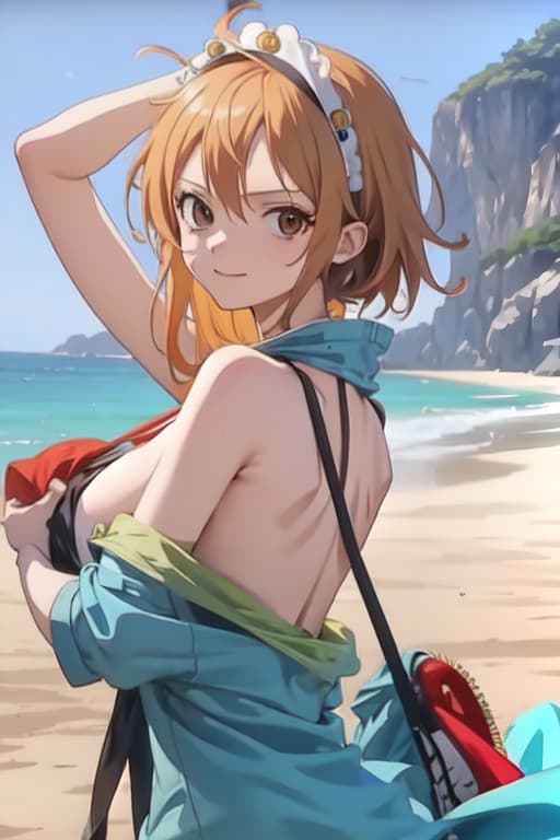  Nami from one piece naked front of a nice beach looking at the viewer