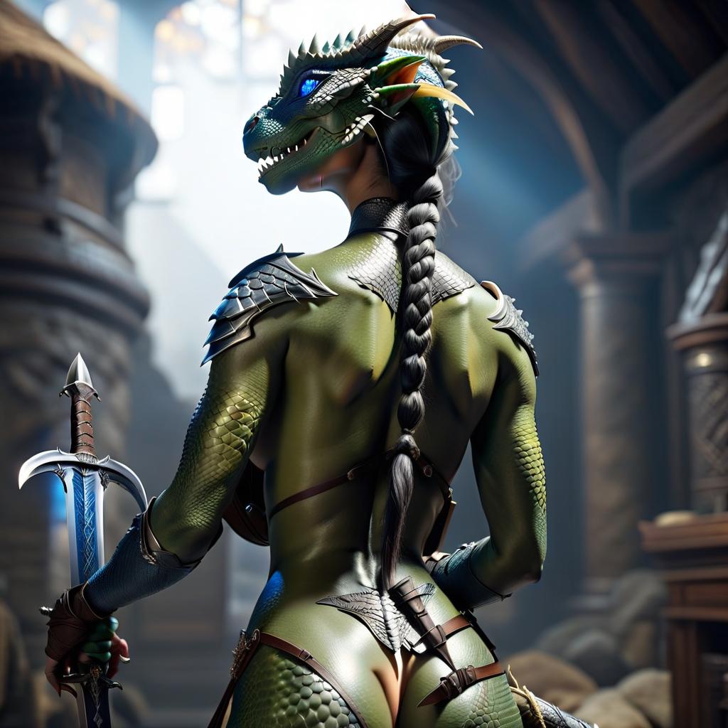  a woman, naked Argonian, with blue eyes, ash colored scales, a two handed sword on her back with a rapier and a backpack in the corner of the room hyperrealistic, full body, detailed clothing, highly detailed, cinematic lighting, stunningly beautiful, intricate, sharp focus, f/1. 8, 85mm, (centered image composition), (professionally color graded), ((bright soft diffused light)), volumetric fog, trending on instagram, trending on tumblr, HDR 4K, 8K