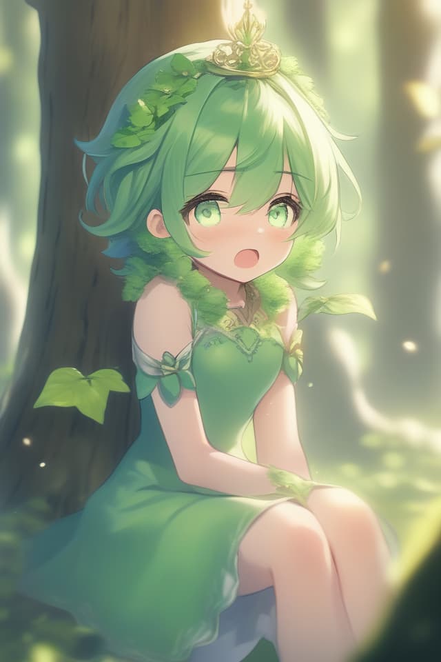  Green hair,gr,gr attribute,healing,green eyes,leaves,in the forest,blue dress,sleepy expression,little girl,cute,beautiful girl,mysterious,crown of gr,leaning on a tree,bare feet、(absurd detailed:1.4、best quality:1.4、masterpiece:1.4)、