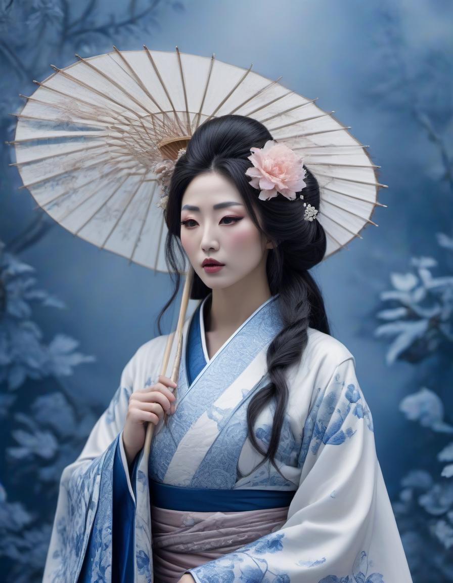  cinematic photo A beautiful Japanese weeping geisha with a tear falling from her eye, with a lot of hair, blue lips, complicated clothing, ethereal 3D embossed cyanotype portrait, by Anne Stokes, Zentangle, whimsical, intricately detailed, delft blue and white and a hint of ginger brown and light pink colours . 35mm photograph, film, bokeh, professional, 4k, highly detailed hyperrealistic, full body, detailed clothing, highly detailed, cinematic lighting, stunningly beautiful, intricate, sharp focus, f/1. 8, 85mm, (centered image composition), (professionally color graded), ((bright soft diffused light)), volumetric fog, trending on instagram, trending on tumblr, HDR 4K, 8K