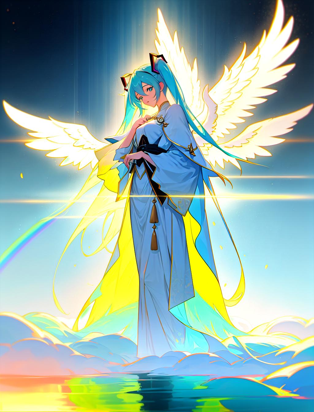  Rainbow Hatsune Miku. Angel vibes. Lots of colors , hyperrealistic, full body, detailed clothing, highly detailed, cinematic lighting, stunningly beautiful, intricate, sharp focus, f/1. 8, 85mm, (centered image composition), (professionally color graded), ((bright soft diffused light)), volumetric fog, trending on instagram, trending on tumblr, HDR 4K, 8K hyperrealistic, full body, detailed clothing, highly detailed, cinematic lighting, stunningly beautiful, intricate, sharp focus, f/1. 8, 85mm, (centered image composition), (professionally color graded), ((bright soft diffused light)), volumetric fog, trending on instagram, trending on tumblr, HDR 4K, 8K