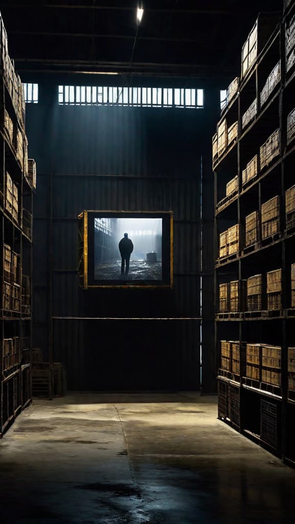  (A dimly lit, gritty industrial warehouse or factory setting, with towering metal shelves, half empty crates, and a sense of abandonment and decay. In the center of the frame, a group of shadowy figures stand around a large, decrepit video display, their faces obscured by the flickering light of the screen.) hyperrealistic, full body, detailed clothing, highly detailed, cinematic lighting, stunningly beautiful, intricate, sharp focus, f/1. 8, 85mm, (centered image composition), (professionally color graded), ((bright soft diffused light)), volumetric fog, trending on instagram, trending on tumblr, HDR 4K, 8K