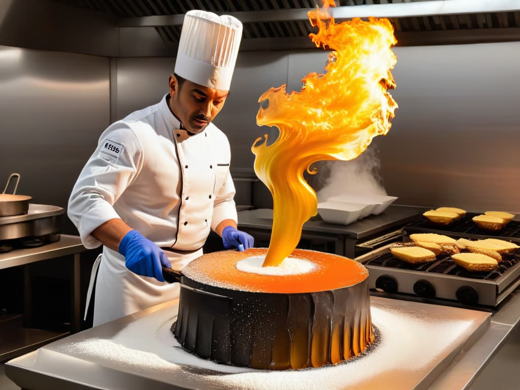  A closeup, ultradetailed image of a chef wearing protective gear, meticulously pouring hot sugar into a mold to create a delicate and intricate sugar sculpture. The vibrant orange hue of the molten sugar stands out against the chef's focused expression and the industrial kitchen setting, with the flames from the stove dancing in the background, adding a dramatic flair to the scene. Every droplet of sugar is frozen in motion, capturing the intense heat and skill required to work with such a challenging medium. hyperrealistic, full body, detailed clothing, highly detailed, cinematic lighting, stunningly beautiful, intricate, sharp focus, f/1. 8, 85mm, (centered image composition), (professionally color graded), ((bright soft diffused light)), volumetric fog, trending on instagram, trending on tumblr, HDR 4K, 8K