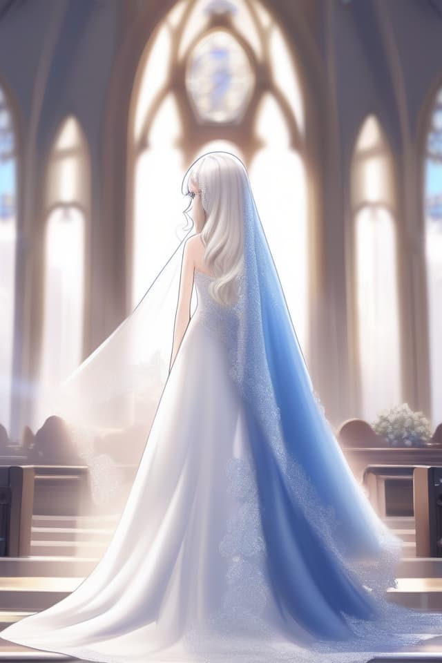  (Knee length wedding dress) (Silver hair blue eyes) (cute illustration), (church) In Wedding Dress, Masterpiece, (Back View) (Beautiful Silver Hair) GTH DRESS WITH BLUE EMBROIDERY On White Fabric) (Long Transparent Veil) High Quality, 8k