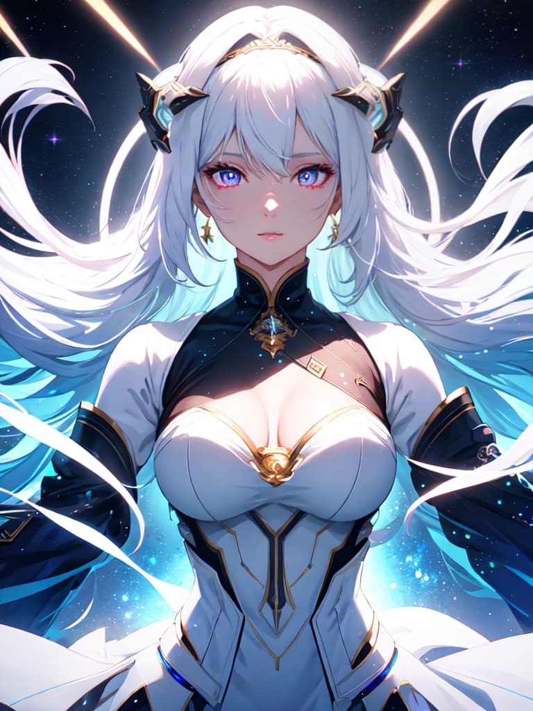  1girl, white hair, symbol shaped pupils, space goddess, galaxy, light particles, light rays, wallpaper, high contrast, colorful, hyperrealistic, full body, detailed clothing, highly detailed, cinematic lighting, stunningly beautiful, intricate, sharp focus, f/1. 8, 85mm, (centered image composition), (professionally color graded), ((bright soft diffused light)), volumetric fog, trending on instagram, trending on tumblr, HDR 4K, 8K