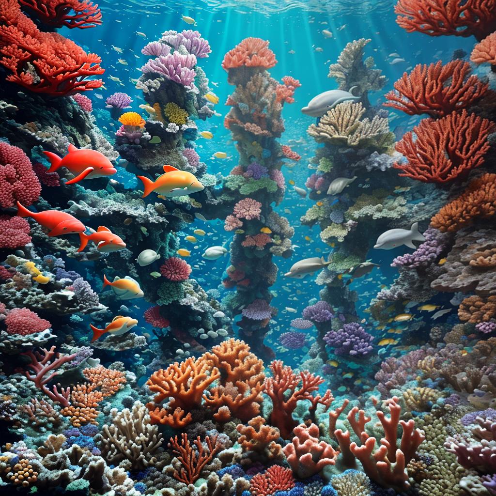  masterpiece, best quality, beautiful deep sea full of corals, diverse marine life and fascinating underwater landscapes with corals, appendages, small fish, anemones, dolphins, various algae, caves, colorful, 8k resolution and intricate detail