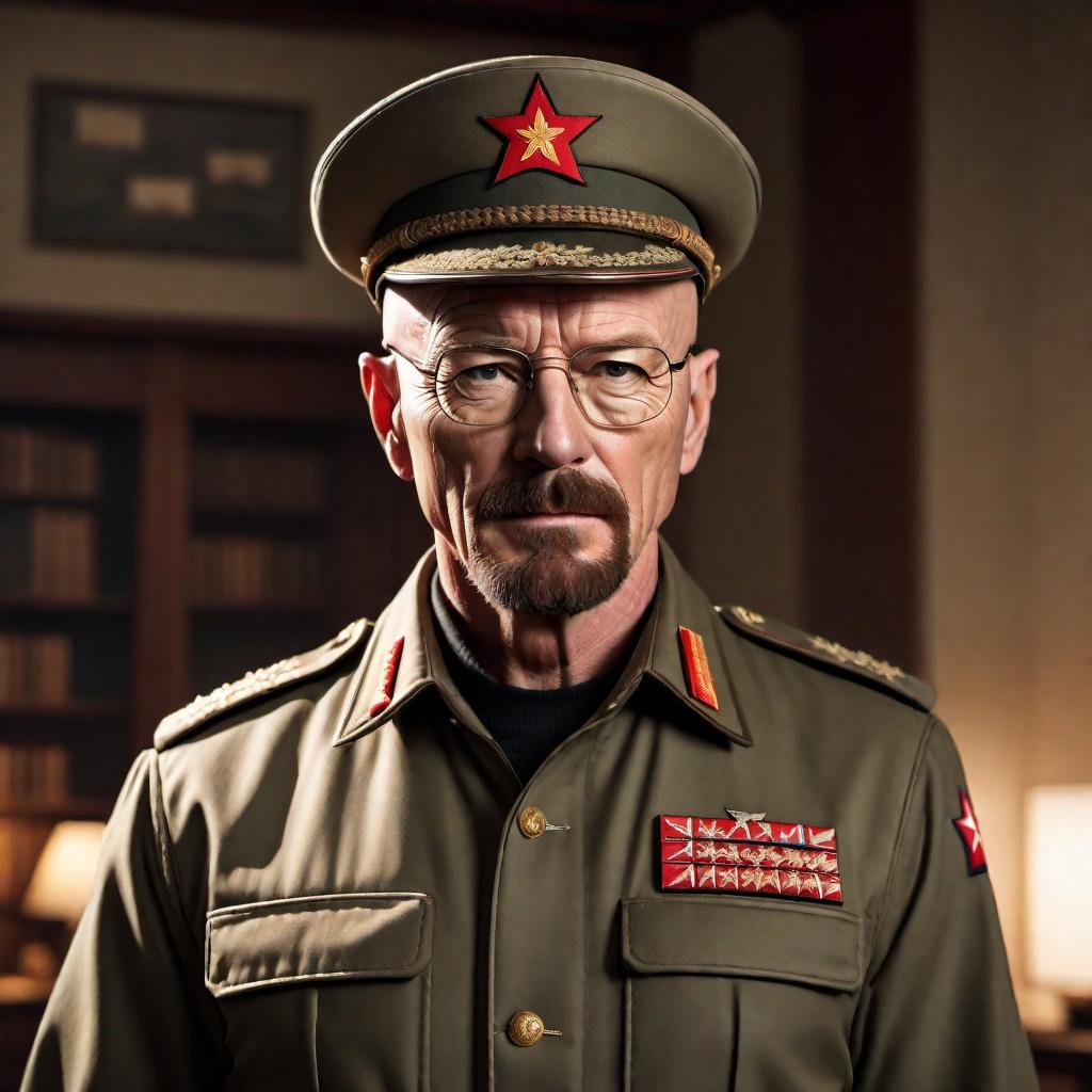  Create an image of Walter White from the TV series "Breaking Bad" dressed in a North Korean army general's uniform, complete with a large general's hat. He should be easily recognizable with his bald head and glasses. The setting is in the Democratic People's Republic of Korea with a realistic North Korean military aesthetic. hyperrealistic, full body, detailed clothing, highly detailed, cinematic lighting, stunningly beautiful, intricate, sharp focus, f/1. 8, 85mm, (centered image composition), (professionally color graded), ((bright soft diffused light)), volumetric fog, trending on instagram, trending on tumblr, HDR 4K, 8K