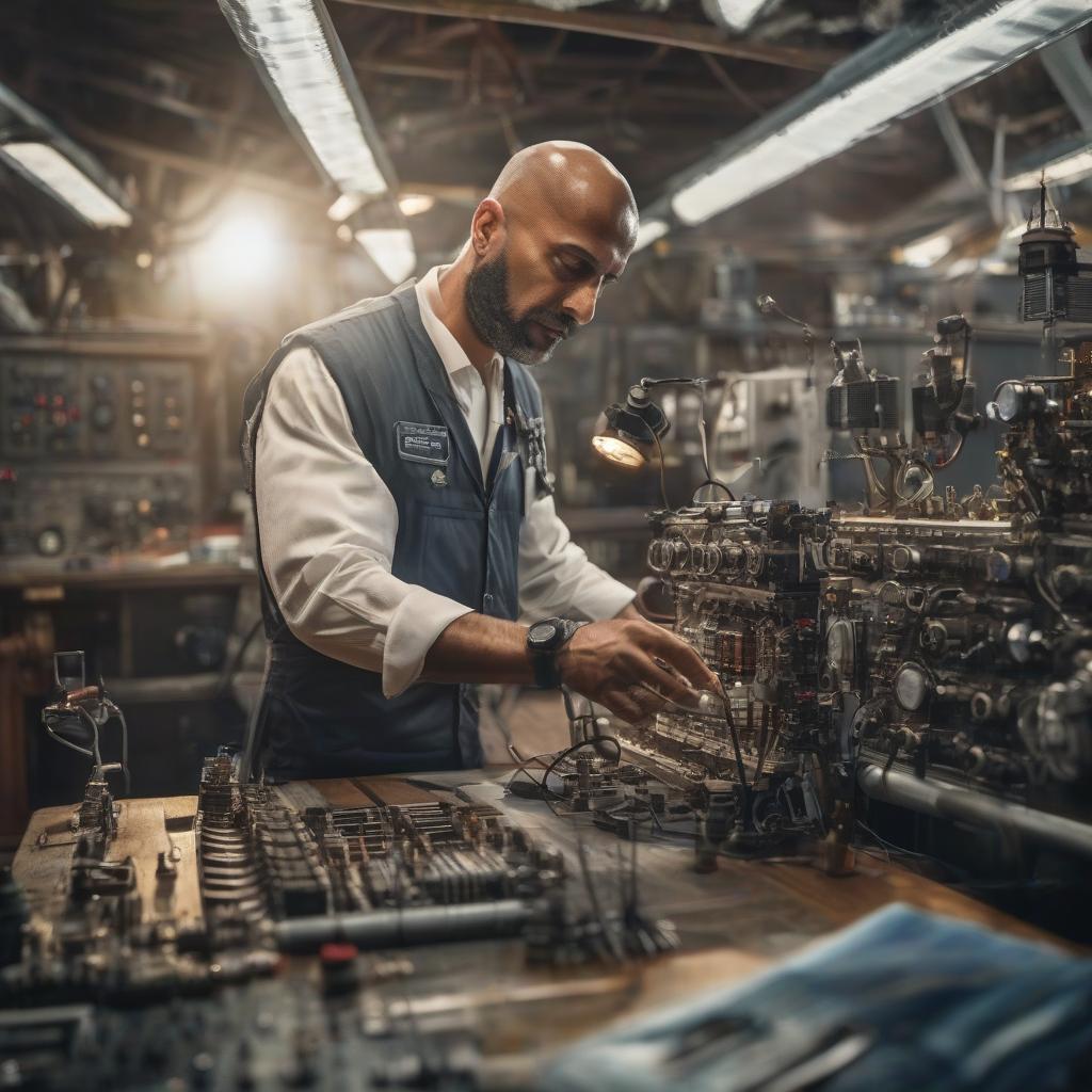  a man who works as an aviation engineer hyperrealistic, full body, detailed clothing, highly detailed, cinematic lighting, stunningly beautiful, intricate, sharp focus, f/1. 8, 85mm, (centered image composition), (professionally color graded), ((bright soft diffused light)), volumetric fog, trending on instagram, trending on tumblr, HDR 4K, 8K