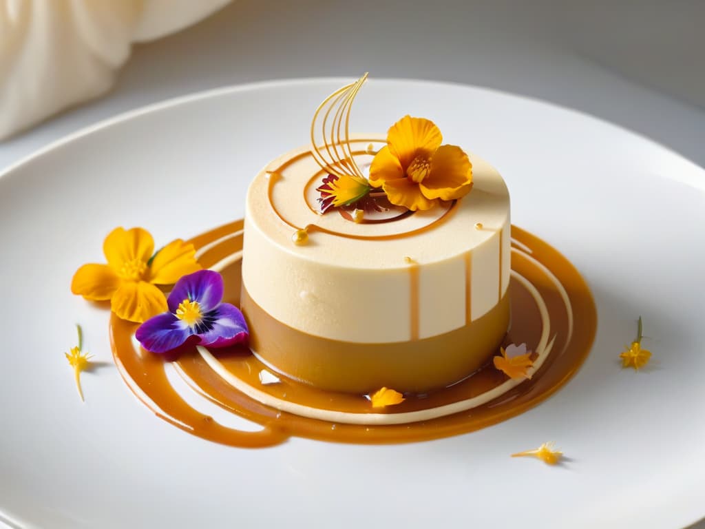  A closeup, ultradetailed image of a perfectly plated gourmet dessert, showcasing intricate swirls of caramel sauce, delicate edible flowers, and a dusting of gold flakes on a pristine white plate, set against a minimalist, elegant background that enhances the luxurious presentation. hyperrealistic, full body, detailed clothing, highly detailed, cinematic lighting, stunningly beautiful, intricate, sharp focus, f/1. 8, 85mm, (centered image composition), (professionally color graded), ((bright soft diffused light)), volumetric fog, trending on instagram, trending on tumblr, HDR 4K, 8K