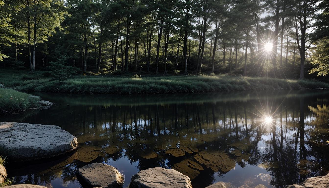  cinematic, aesthetic, A person sitting on a rock at the edge of a peaceful pond, serene reflective water, gentle ripples, surrounded by dense forest, soft sunlight filtering through the trees, contemplative, 4k, HDR, lens flare