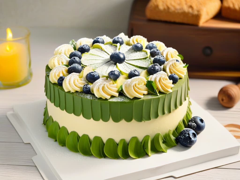  A closeup, ultradetailed image of a beautifully decorated vegan cake with intricate floral designs made entirely of plantbased, sustainable ingredients. The cake is displayed on a wooden table, surrounded by fresh fruits and herbs, emphasizing the natural and ecofriendly aspect of vegan baking. The lighting is soft and warm, highlighting the textures and colors of the dessert, making it visually appealing and inspiring for readers interested in sustainable vegan pastry recipes. hyperrealistic, full body, detailed clothing, highly detailed, cinematic lighting, stunningly beautiful, intricate, sharp focus, f/1. 8, 85mm, (centered image composition), (professionally color graded), ((bright soft diffused light)), volumetric fog, trending on instagram, trending on tumblr, HDR 4K, 8K