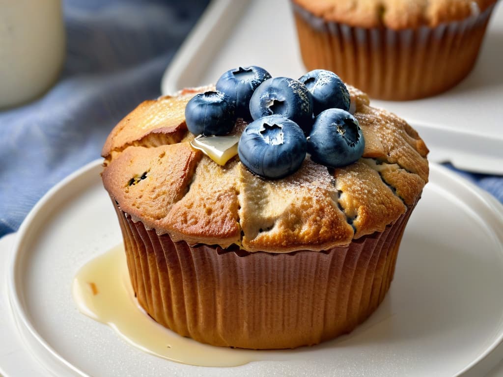  A closeup, ultradetailed image of a freshly baked chia seed and blueberry muffin sitting on a sleek, modern white plate. The muffin is perfectly golden brown, with visible specks of chia seeds studded throughout. A light drizzle of honey glistens on top, with a few plump blueberries scattered around the muffin. The background is a soft, blurred gradient that enhances the minimalistic and elegant feel of the image. hyperrealistic, full body, detailed clothing, highly detailed, cinematic lighting, stunningly beautiful, intricate, sharp focus, f/1. 8, 85mm, (centered image composition), (professionally color graded), ((bright soft diffused light)), volumetric fog, trending on instagram, trending on tumblr, HDR 4K, 8K