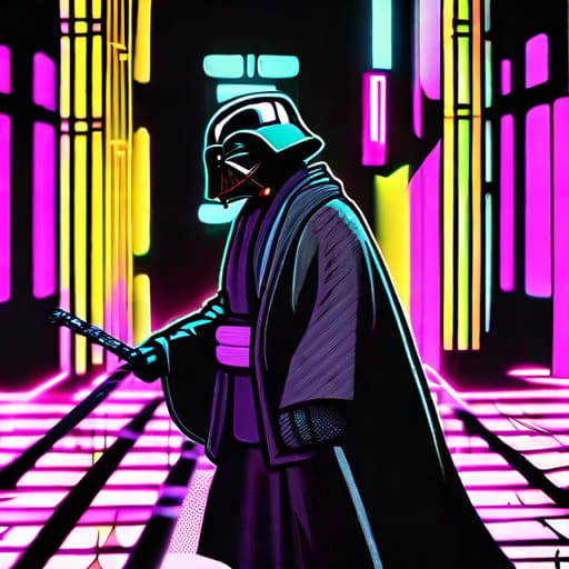  Star Wars as an 80s Japanese movie: Luke, Vader, Leia in 80s kimono inspired outfits, blending Star Wars and cyberpunk 1980s Tokyo, with neon, Japanese signage. 80s anime and film style, vibrant, dramatic lighting.