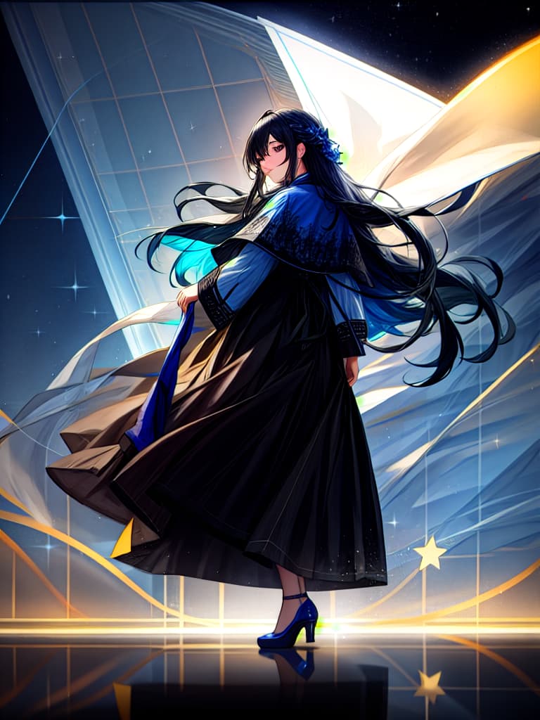  Masterpiece, best quality, a woman with long black hair standing on the balcony looking at the stars in the sky, black eyes, wearing a blue and white dress hyperrealistic, full body, detailed clothing, highly detailed, cinematic lighting, stunningly beautiful, intricate, sharp focus, f/1. 8, 85mm, (centered image composition), (professionally color graded), ((bright soft diffused light)), volumetric fog, trending on instagram, trending on tumblr, HDR 4K, 8K