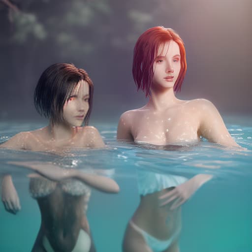 redshift style girl under water with short hair no reaction wearing robe without anything else next to her woman, woman age 34, girl age 15